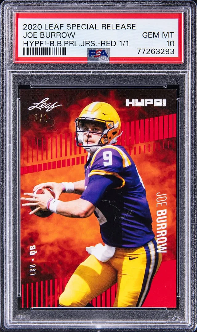 2020 Leaf Special Release Hype! Blank Back Purple Jersey Red Joe Burrow #no-number card image