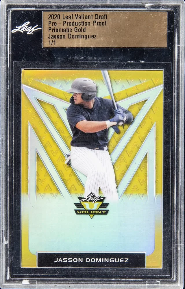2020 Leaf Valiant Draft Pre-Production Proof Prismatic Gold Jasson Dominguez - Leaf Encased #no-number card image