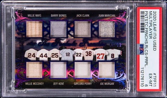 2020 Leaf Willie Mays/Barry Bonds/Jack Clark/Juan Marichal/Willie McCovey/Jeff Kent/Gaylord Perry/Joe Morgan In The Game Used Fantastic Franchises Relics Purple #TFF11 card image