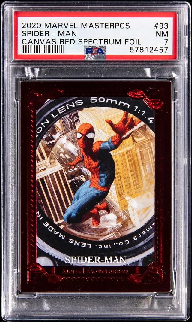 2020 Marvel Masterpieces Canvas Red Spectrum Foil Spider-Man #93 card image