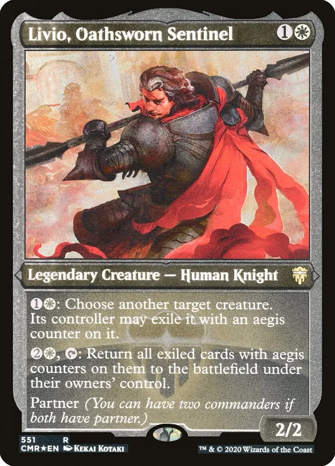 2020 Commander Legends Livio, Oathsworn Sentinel [Foil Etched] rare #551 rare card image