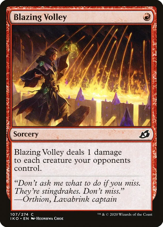 2020 Ikoria: Lair of Behemoths Blazing Volley #107 common card image