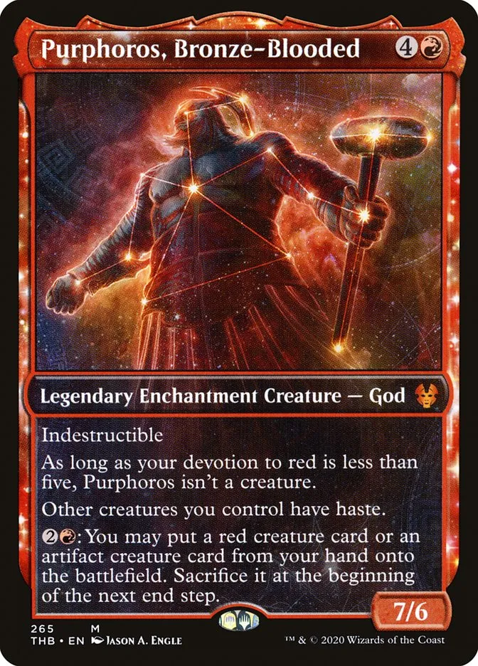 2020 Theros Beyond Death Purphoros, Bronze-Blooded [Showcase] mythic #265 mythic card image