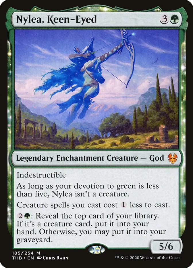 2020 Theros Beyond Death Nylea, Keen-Eyed #185 mythic card image