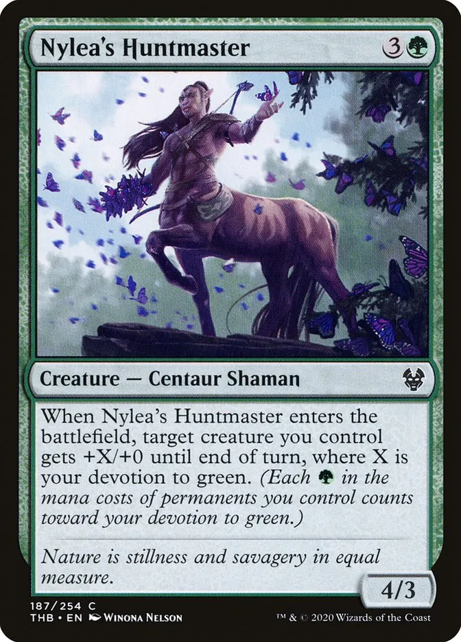 2020 Theros Beyond Death Nylea's Huntmaster #187 common card image