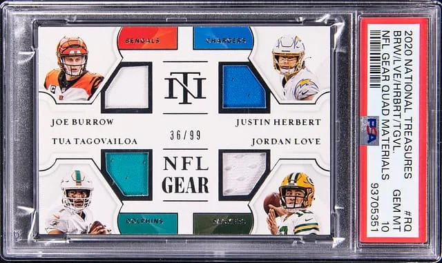 2020 National Treasures Joe Burrow/Justin Herbert/Tua Tagovailoa/Jordan Love NFL Gear Quad Materials #QM-RQ card image
