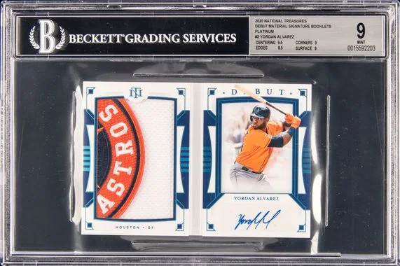 2020 National Treasures Yordan Alvarez Debut Material Signature Booklets Platinum #2 card image