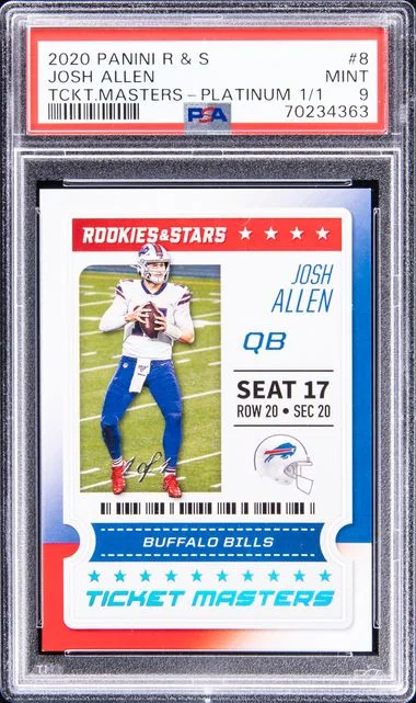 2020 Panini 8 Josh Allen Rookies & Stars Ticket Masters Platinum #1/1 card image