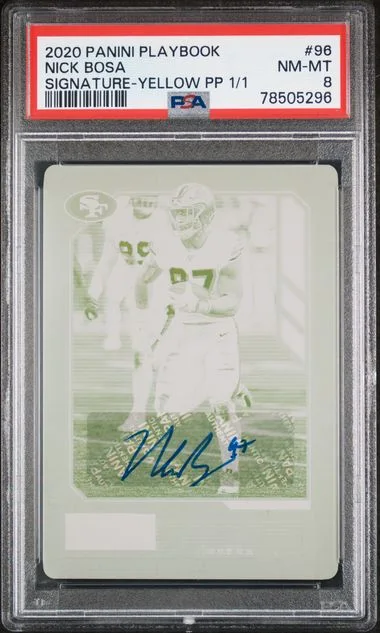 2020 Panini 96 Nick Bosa Playbook Signature-Yellow Printing Plate #1/1 card image
