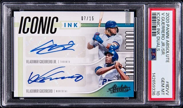 2020 Panini Absolute Baseball Vladimir Guerrero Jr./Vladimir Guerrero Sr. Iconic Ink Duals #IID-VV card image