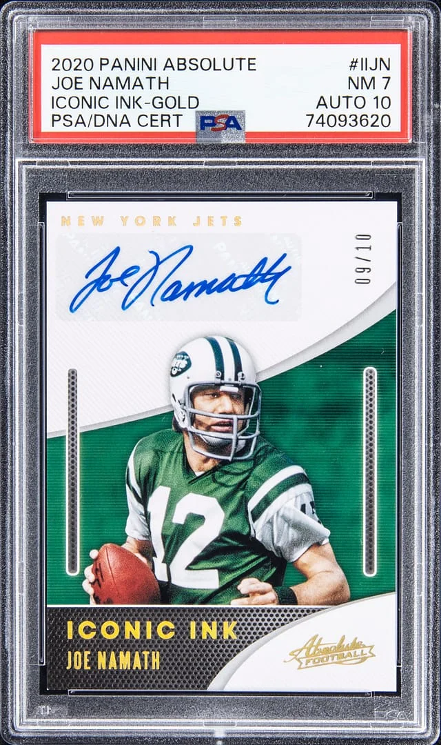 2020 Panini Absolute Joe Namath Iconic Ink Gold #II-JN card image