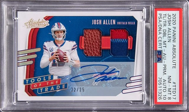 2020 Panini Absolute Josh Allen Tools of the Trade Double Materials Autographed Prime #TTD-17 card image