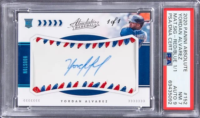 2020 Panini Absolute Yordan Alvarez Material Signatures Red & Blue #152 card image