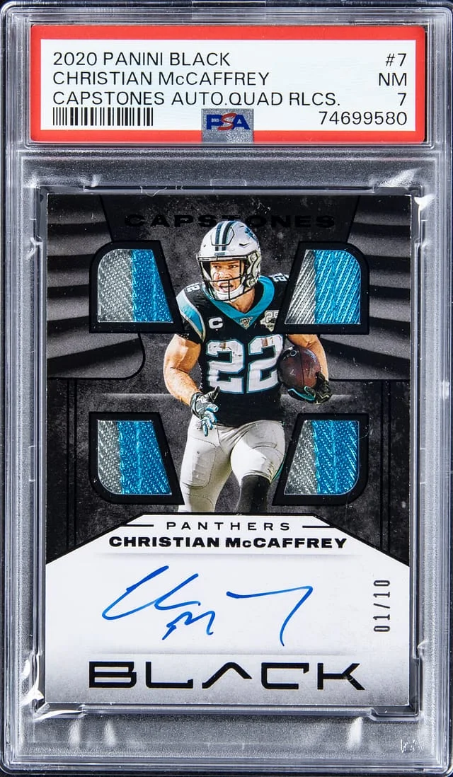 2020 Panini Black Christian McCaffrey Capstones Autograph Quad Relic #7 card image