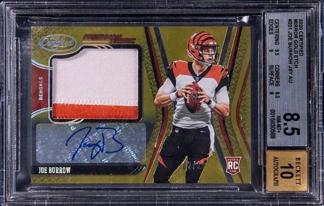 2020 Panini Certified Joe Burrow Freshman Fabric Mirror Gold Etch #201 card image