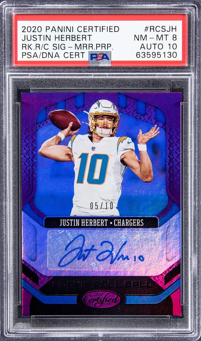 2020 Panini Certified Justin Herbert Roll Call Purple #RCSJH card image
