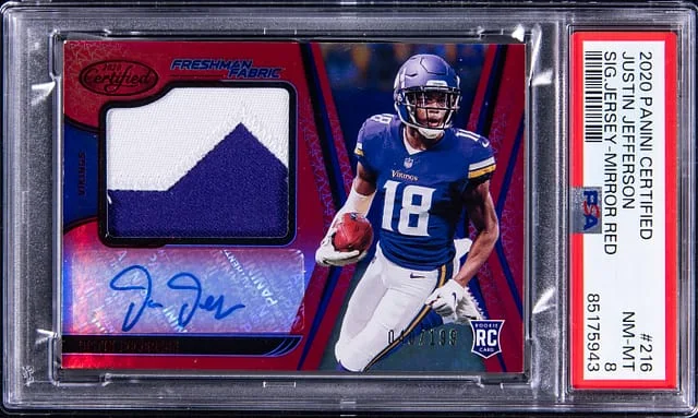 2020 Panini Certified Justin Jefferson Signature Jersey Mirror Red #216 card image
