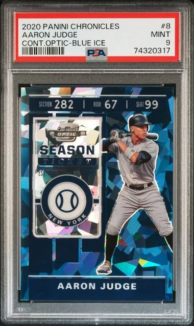 2020 Panini Chronicles Aaron Judge Contenders Optic Blue Ice Prizm #8 card image