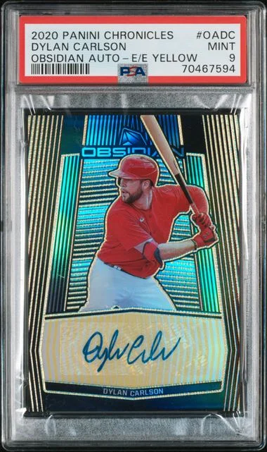 2020 Panini Chronicles Dylan Carlson Obsidian Autographs Electric Etch Yellow #OA-DC card image