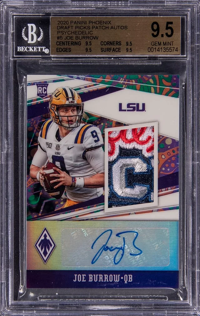 2020 Panini Chronicles Joe Burrow Phoenix Draft Picks Patch Autographs Psychedelic #5 card image