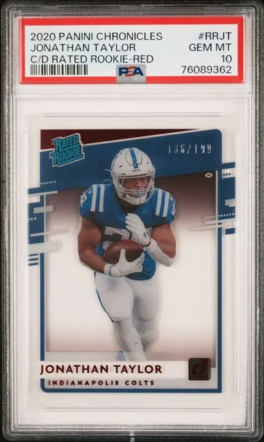 2020 Panini Chronicles Jonathan Taylor Clearly Donruss Rated Rookies Red #RR-JT card image