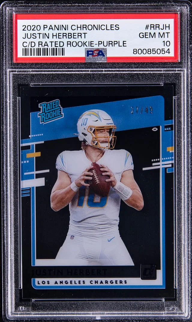 2020 Panini Chronicles Justin Herbert Clearly Donruss Rated Purple #RR-JH card image