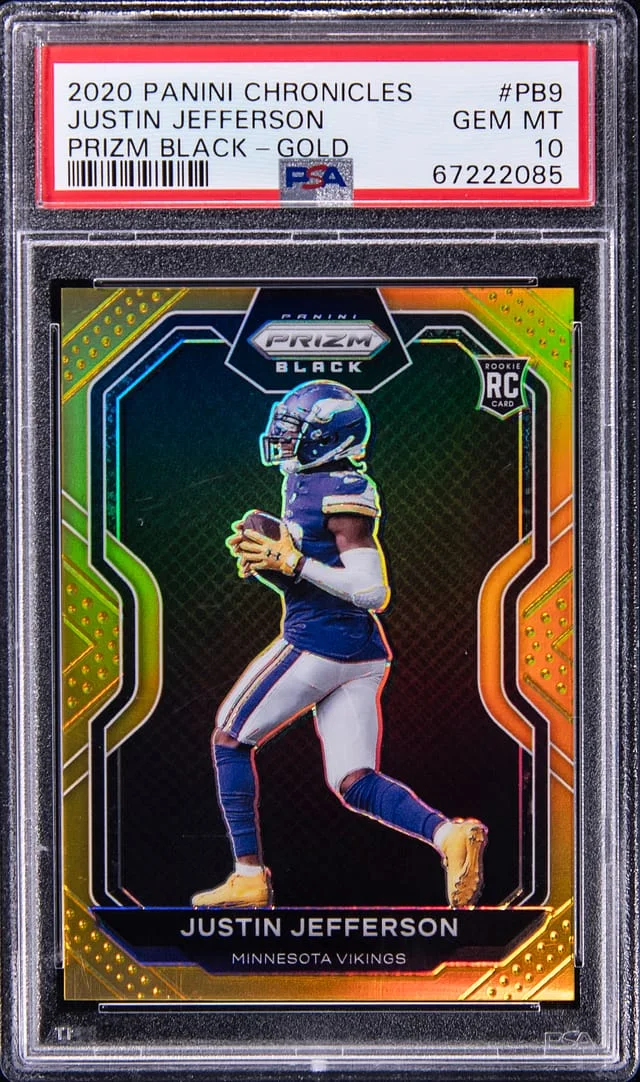 2020 Panini Chronicles Justin Jefferson Prizm Black Prizm Black-Gold #PB-9 card image