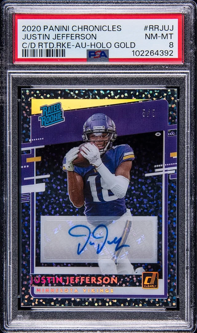 2020 Panini Chronicles Justin Jefferson Clearly Donruss Rated Autograph Holo Gold #RR-JUJ card image