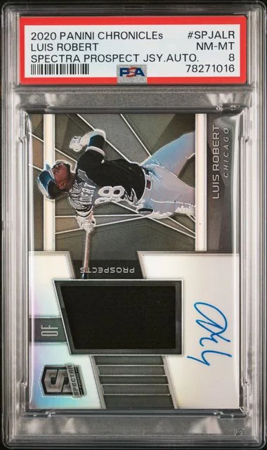 2020 Panini Chronicles Luis Robert Spectra Prospect Jersey Autographs #SPJALR card image