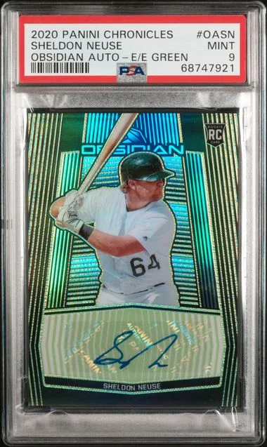 2020 Panini Chronicles Sheldon Neuse Obsidian Autographs Electric Etch Green #OASN card image
