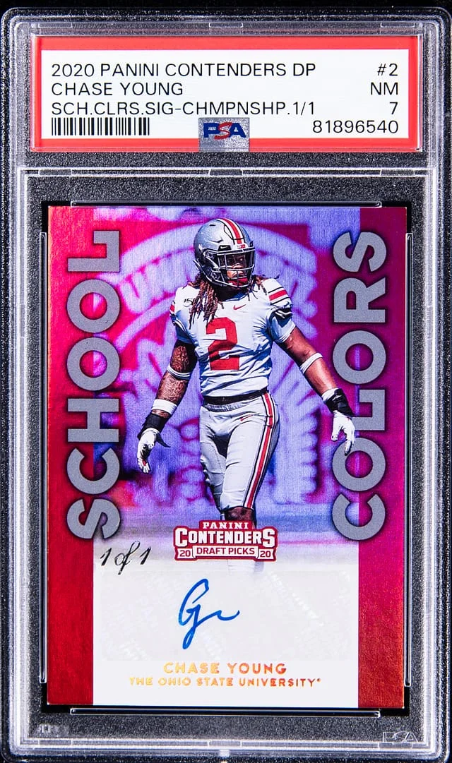2020 Panini Contenders Draft Picks Chase Young School Colors Signature Championship #2 card image
