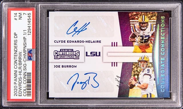 2020 Panini Contenders Draft Picks Clyde Edwards-Helaire/Joe Burrow Dual College Connections Signature Championship #14 card image