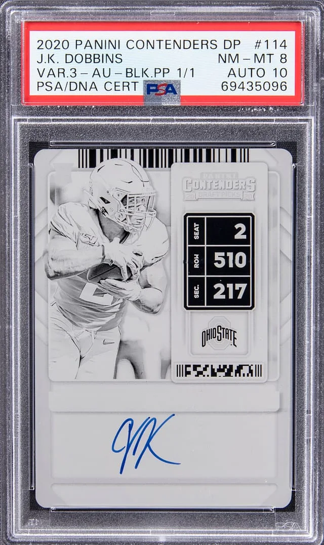 2020 Panini Contenders Draft Picks J.K. Dobbins Variation 3 Autograph Black Printing Plate #114 card image