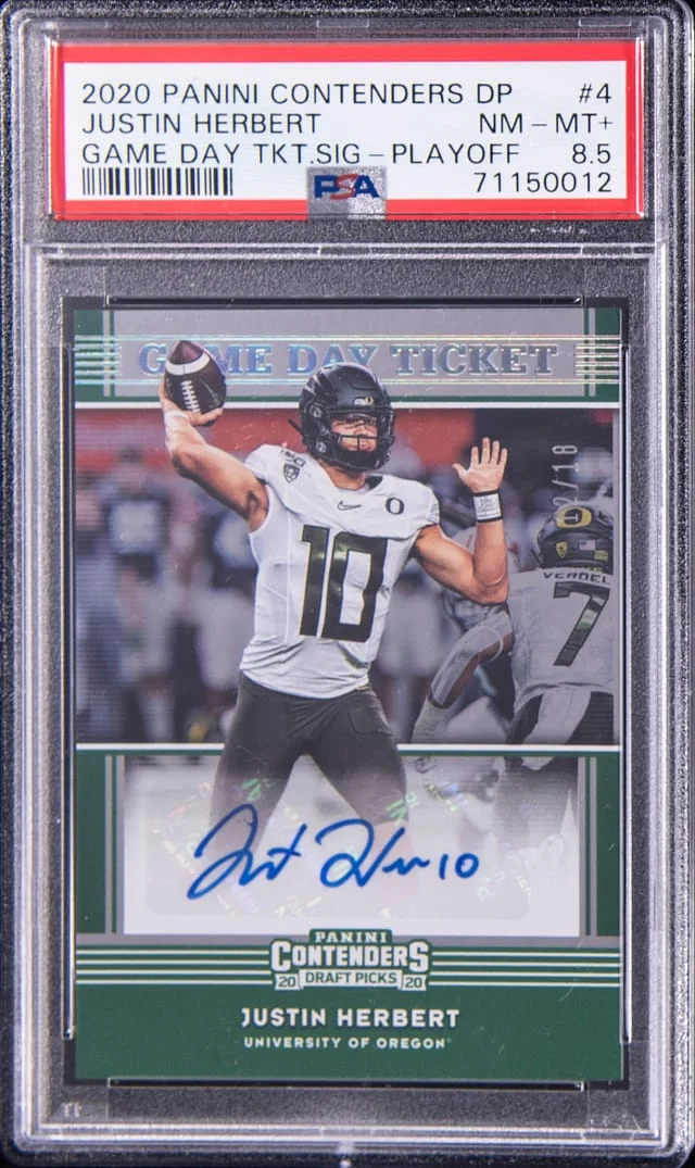 2020 Panini Contenders Draft Picks Justin Herbert Game Day Ticket Signatures Playoff #4 card image