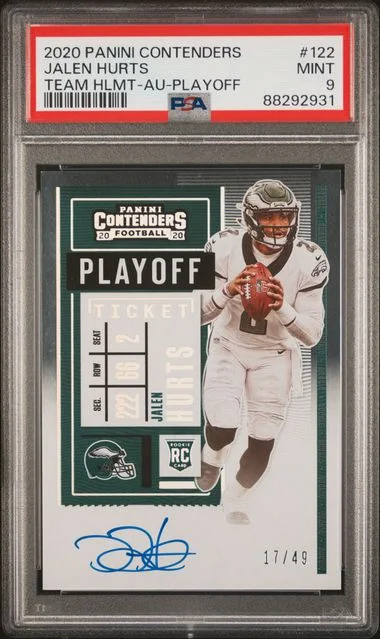 2020 Panini Contenders Jalen Hurts Playoff Ticket Autograph Team Helmet #122 card image