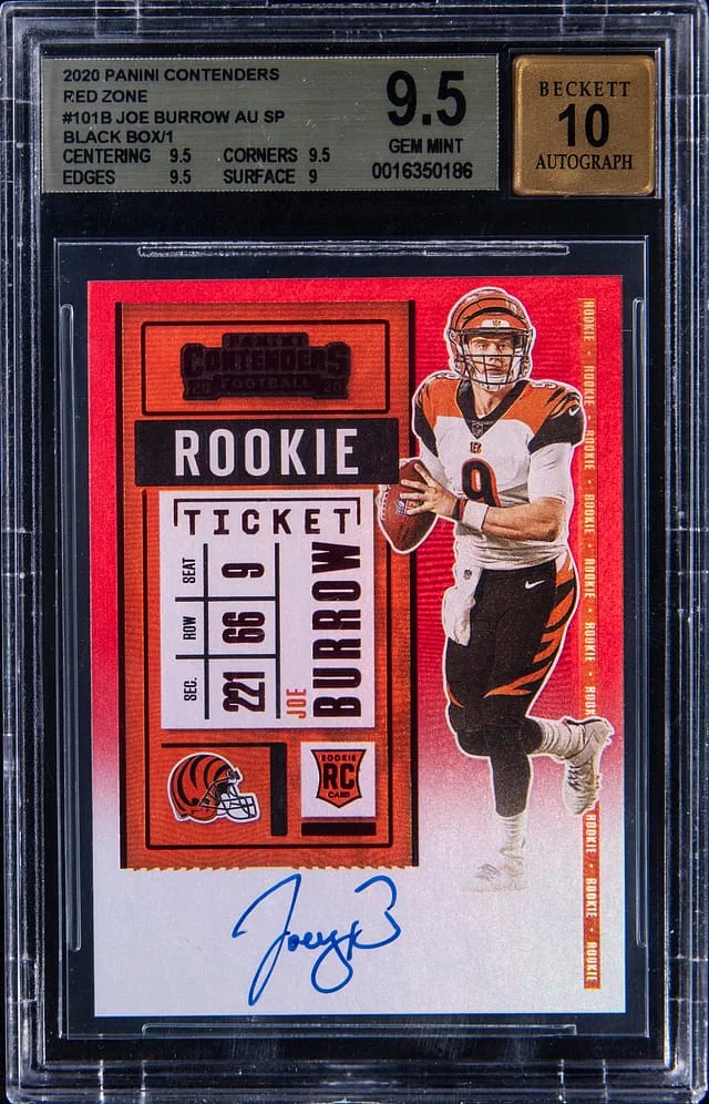 2020 Panini Contenders Joe Burrow Ticket Autograph Red Zone SP '23 Black Box #101B card image