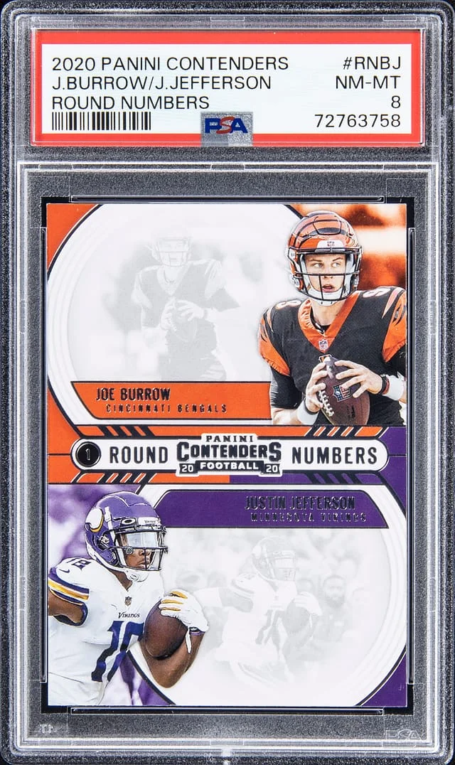 2020 Panini Contenders Joe Burrow, Justin Jefferson Dual Round Numbers #RNBJ card image
