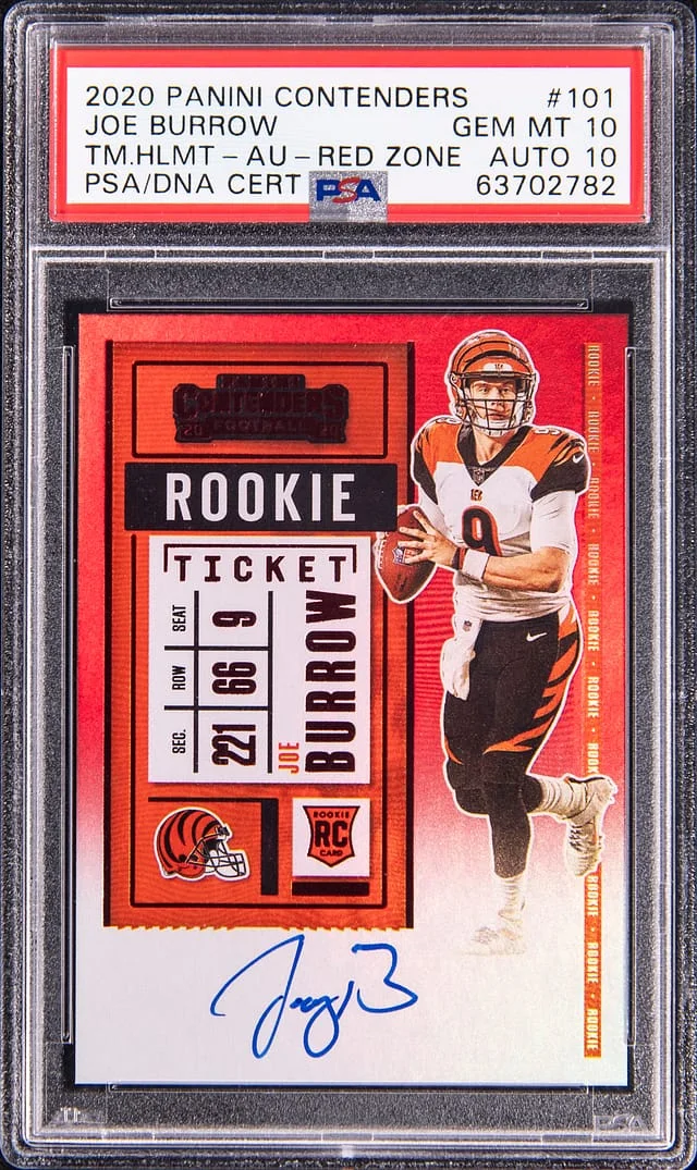 2020 Panini Contenders Joe Burrow, Team Helmet Ticket Autograph Red Zone #101 card image