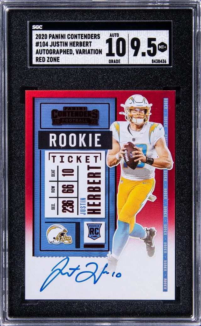 2020 Panini Contenders Justin Herbert Variation Red Zone #104 card image