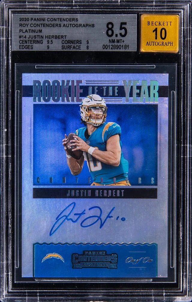 2020 Panini Contenders Justin Herbert of the Year Contenders Autograph Gold #RYA-JHE card image