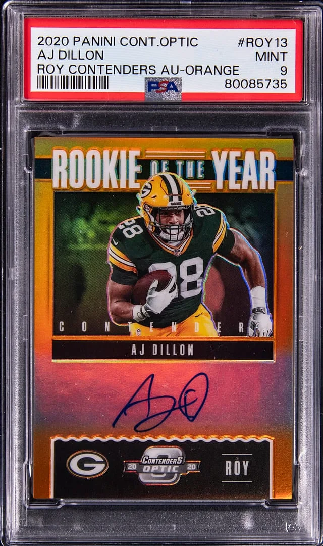 2020 Panini Contenders Optic AJ Dillon Of The Year Contenders Autographs Orange Prizm #ROY13 card image