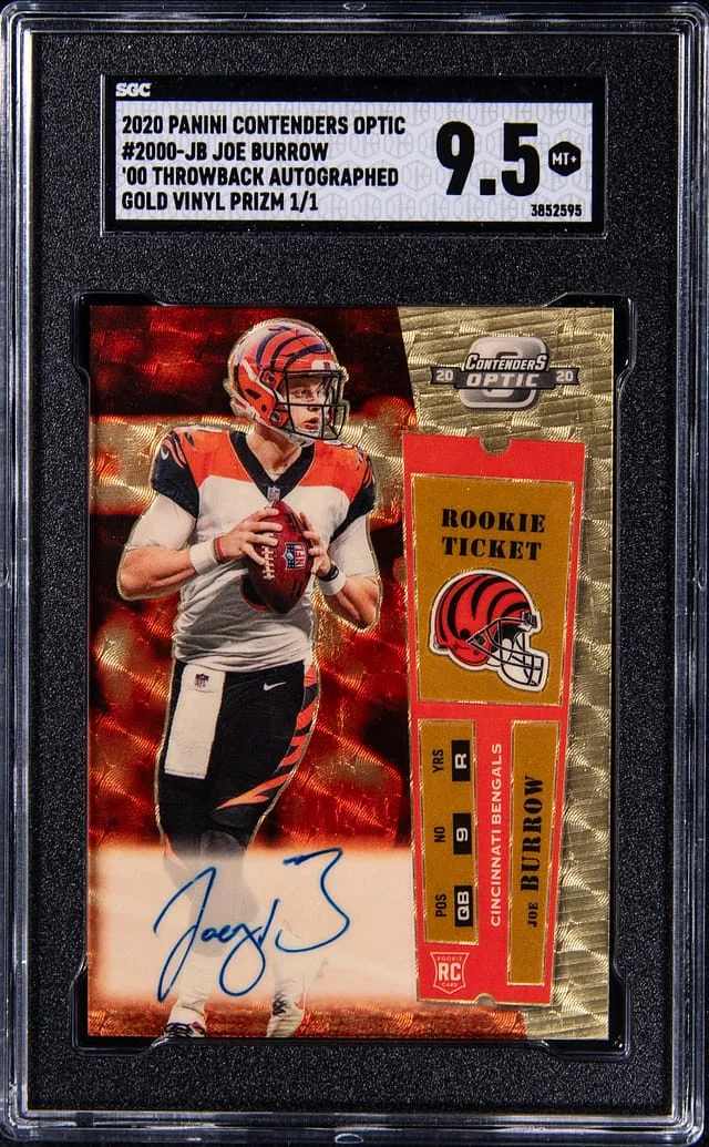 2020 Panini Contenders Optic Joe Burrow 00 Throwback Ticket Autograph Gold Vinyl Prizm #2000-JB card image
