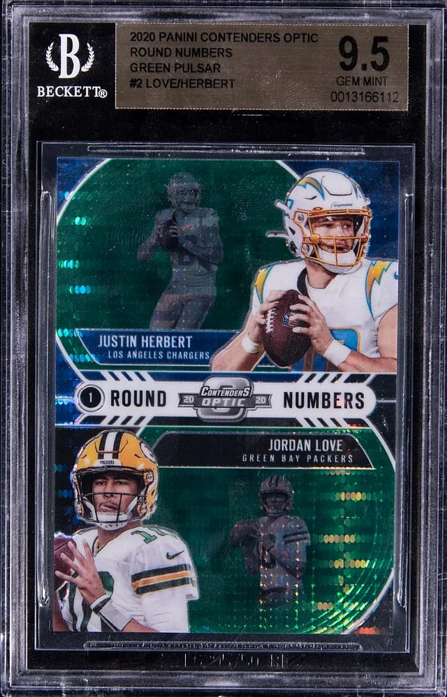 2020 Panini Contenders Optic Justin Herbert/Jordan Love Round Numbers Green Pulsar #RN2 card image