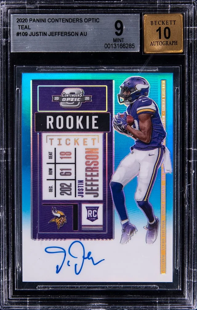 2020 Panini Contenders Optic Justin Jefferson Ticket Autograph Purple Pulsar #109 card image