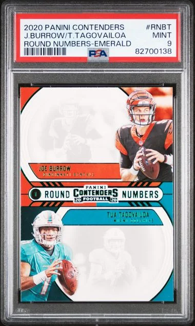 2020 Panini Contenders Round Numbers Emerald Rnbt Joe Burrow/Tua Tagovailoa #no-number card image
