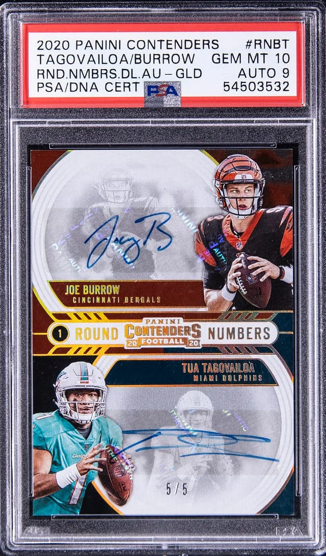 2020 Panini Contenders Tua Tagovailoa/Joe Burrow Dual Round Numbers Dual Autographs Gold #RNBT card image