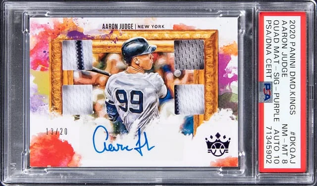 2020 Panini Diamond Kings Aaron Judge Quad Materials Signatures Purple #DKQ-AJ card image