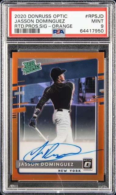 2020 Panini Donruss Optic Jasson Dominguez Rated Prospects Signature-Orange #RPS-JD card image