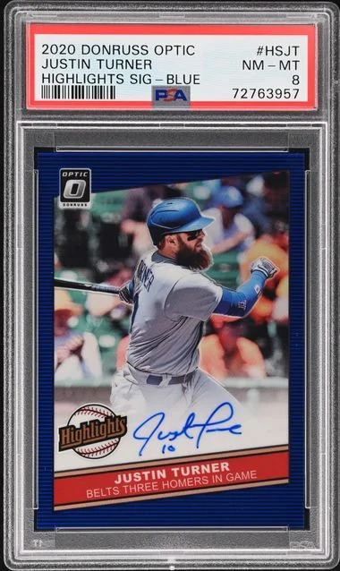 2020 Panini Donruss Optic Justin Turner Highlights Signatures Blue #HS-JT card image