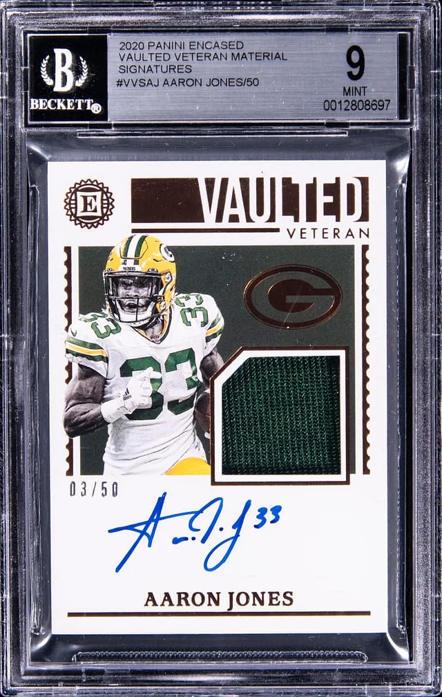 2020 Panini Encased Aaron Jones Vaulted Veteran Material Signatures #VVS-AJ card image